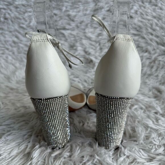 SCHUTZ Anahe White Leather and Vinyl Ankle Tie Rhinestone Heel Sandals Size 6.5 - Picture 6 of 12